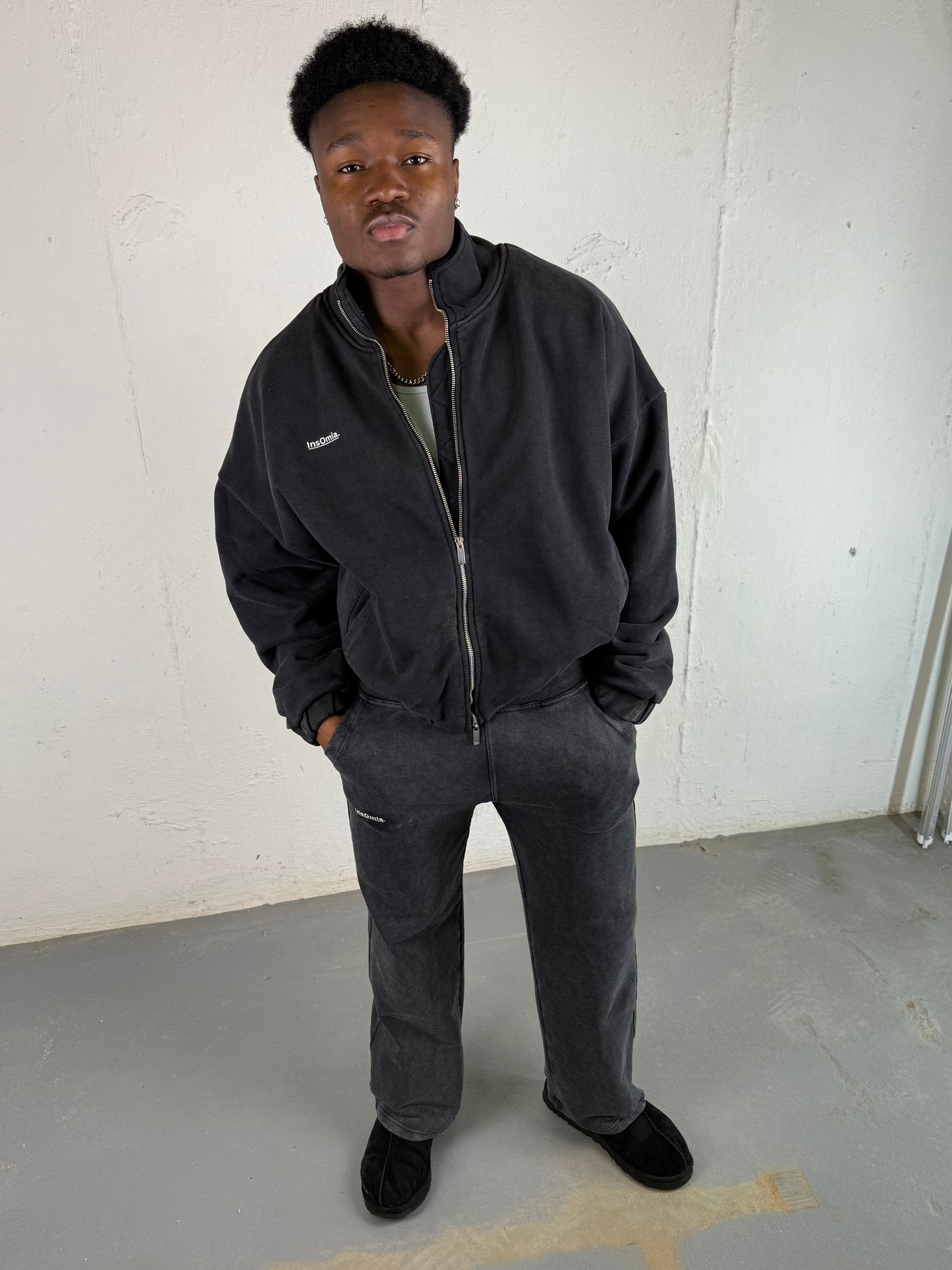 InsOmia Signature Jacket, Mock Neck Oversized Drop Shoulder Garment Dyed Jacket