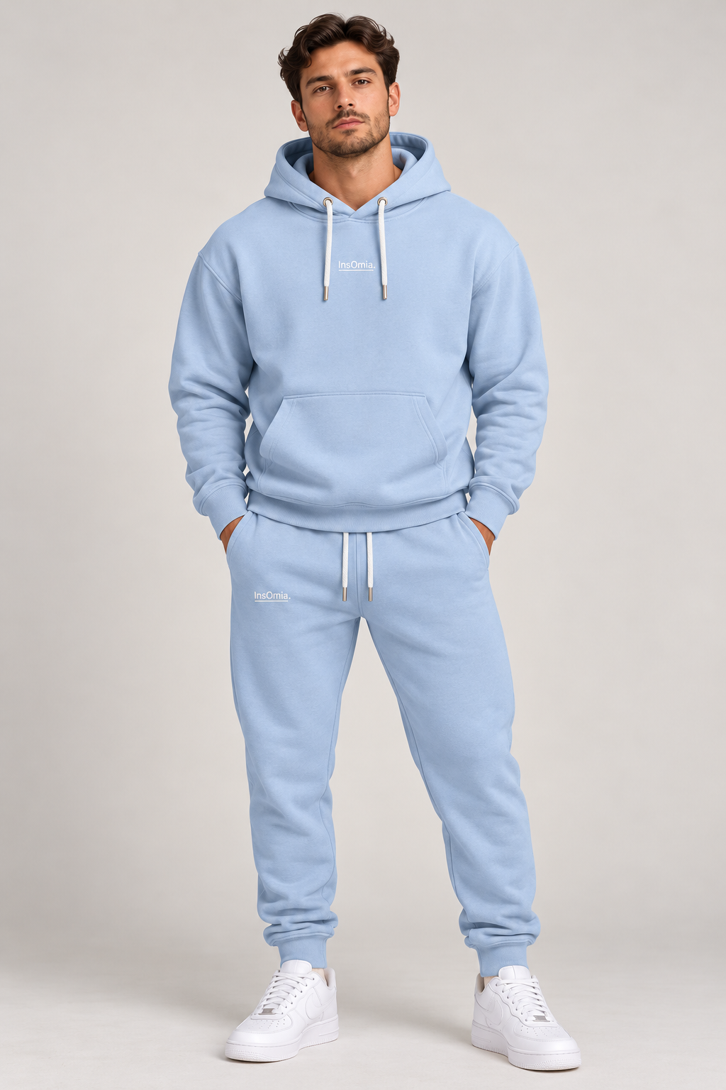 InsOmia hoodie and jogger set in light blue, front view