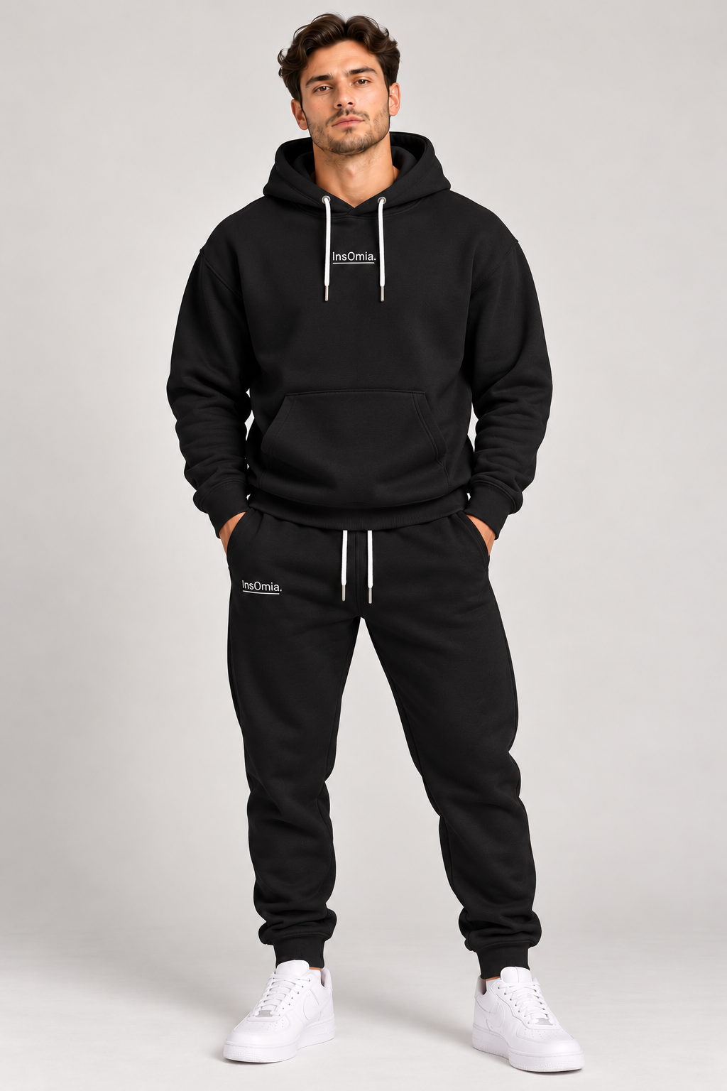 InsOmia hoodie and jogger set in black, front view
