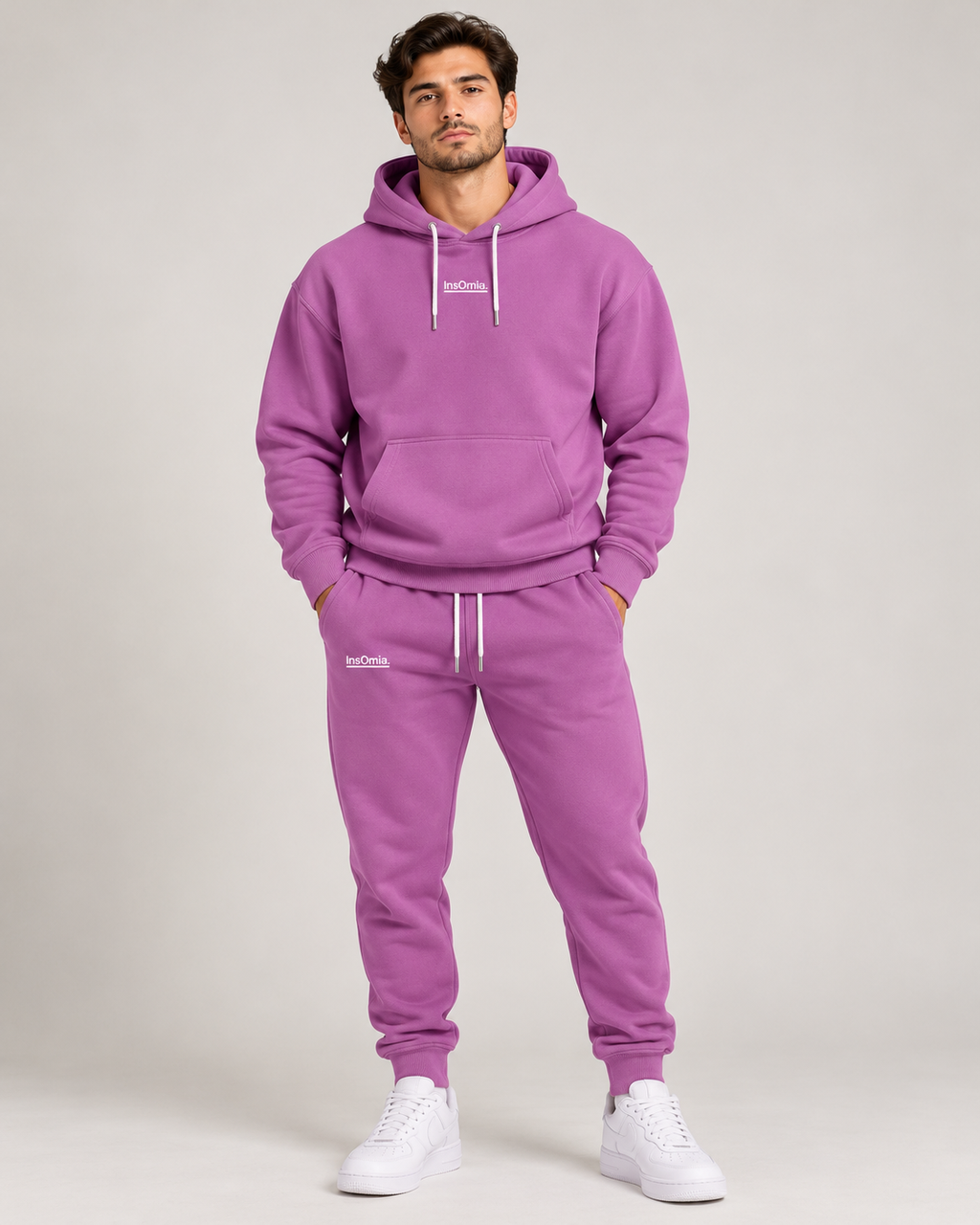 InsOmia hoodie and jogger set in purple, front view