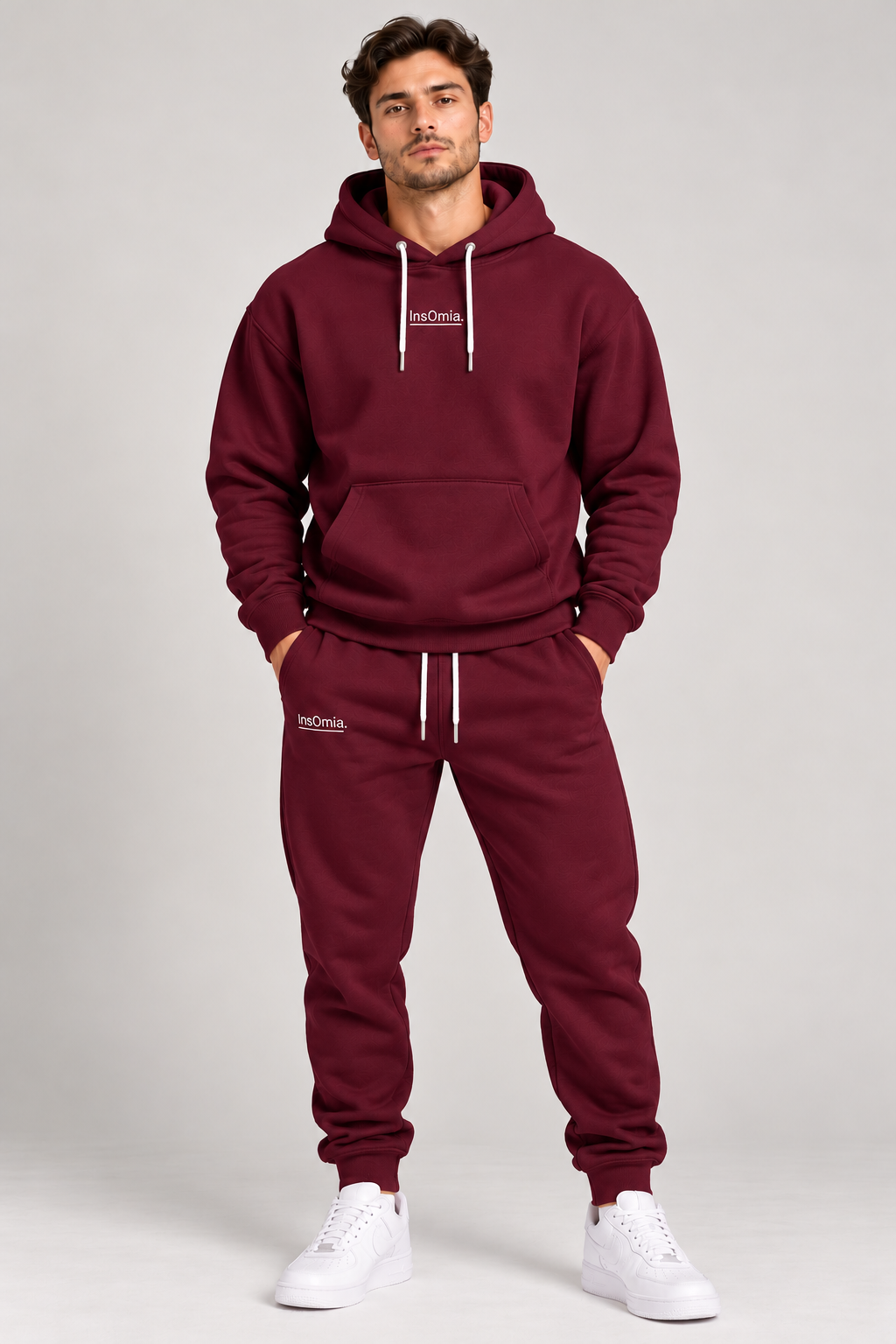 InsOmia hoodie and jogger set in burgundy, front view