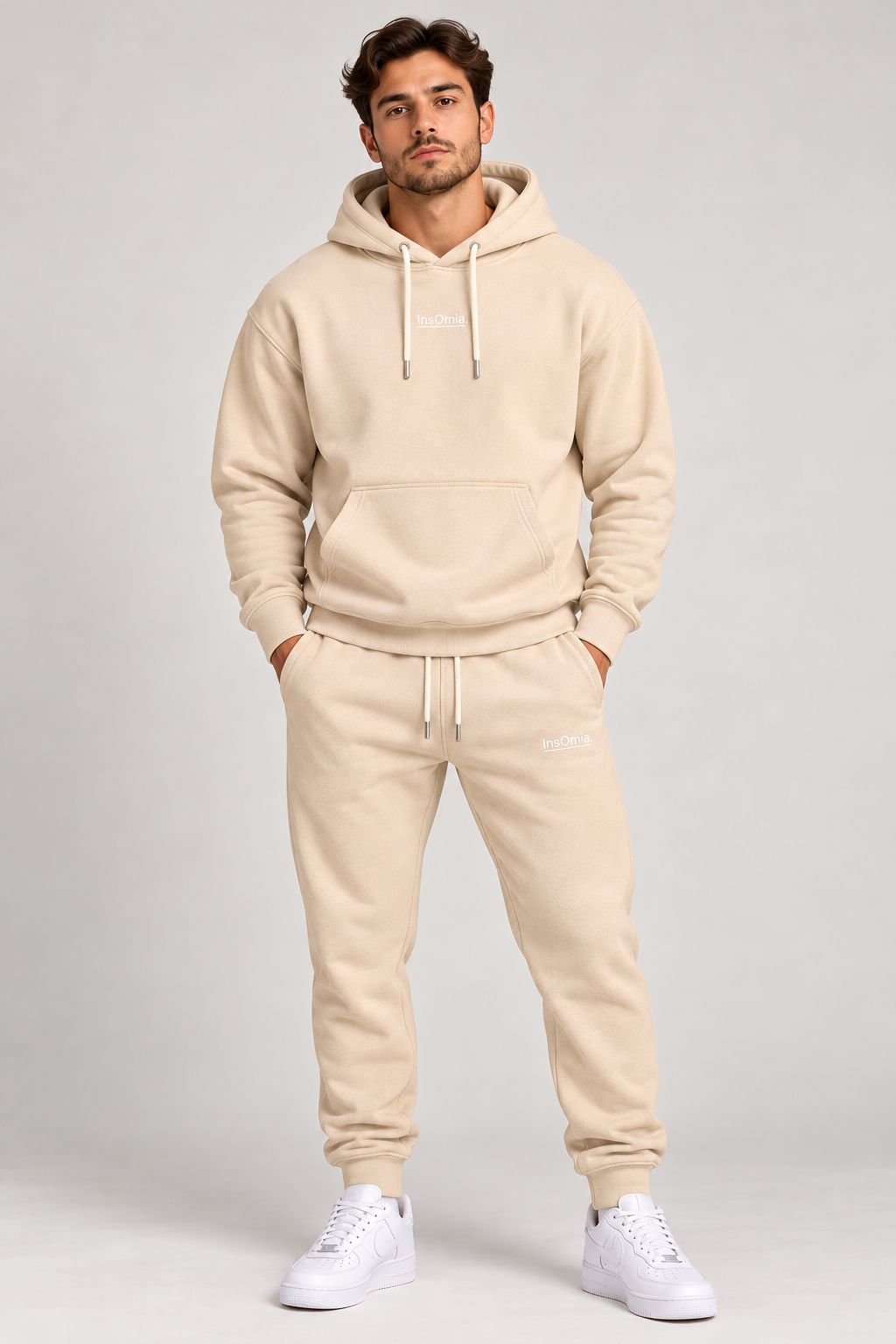 InsOmia hoodie and jogger set in cream, front view