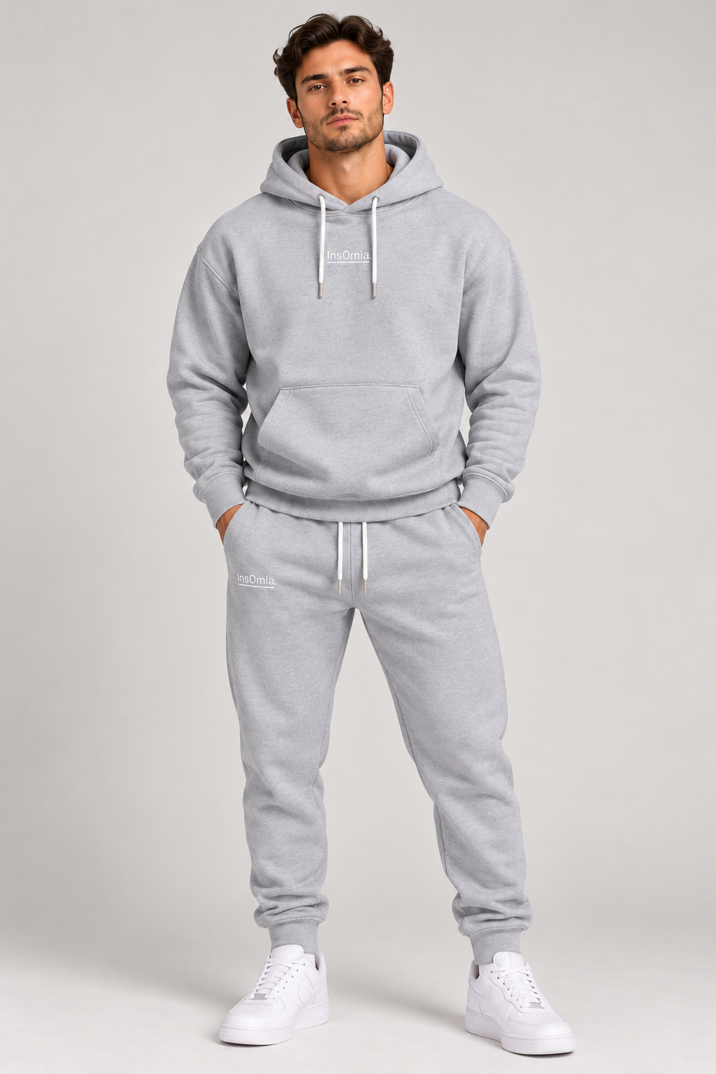 InsOmia hoodie and jogger set in light grey, front view