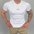 Person wearing a white t-shirt with 'Insomnia' branding against a plain background