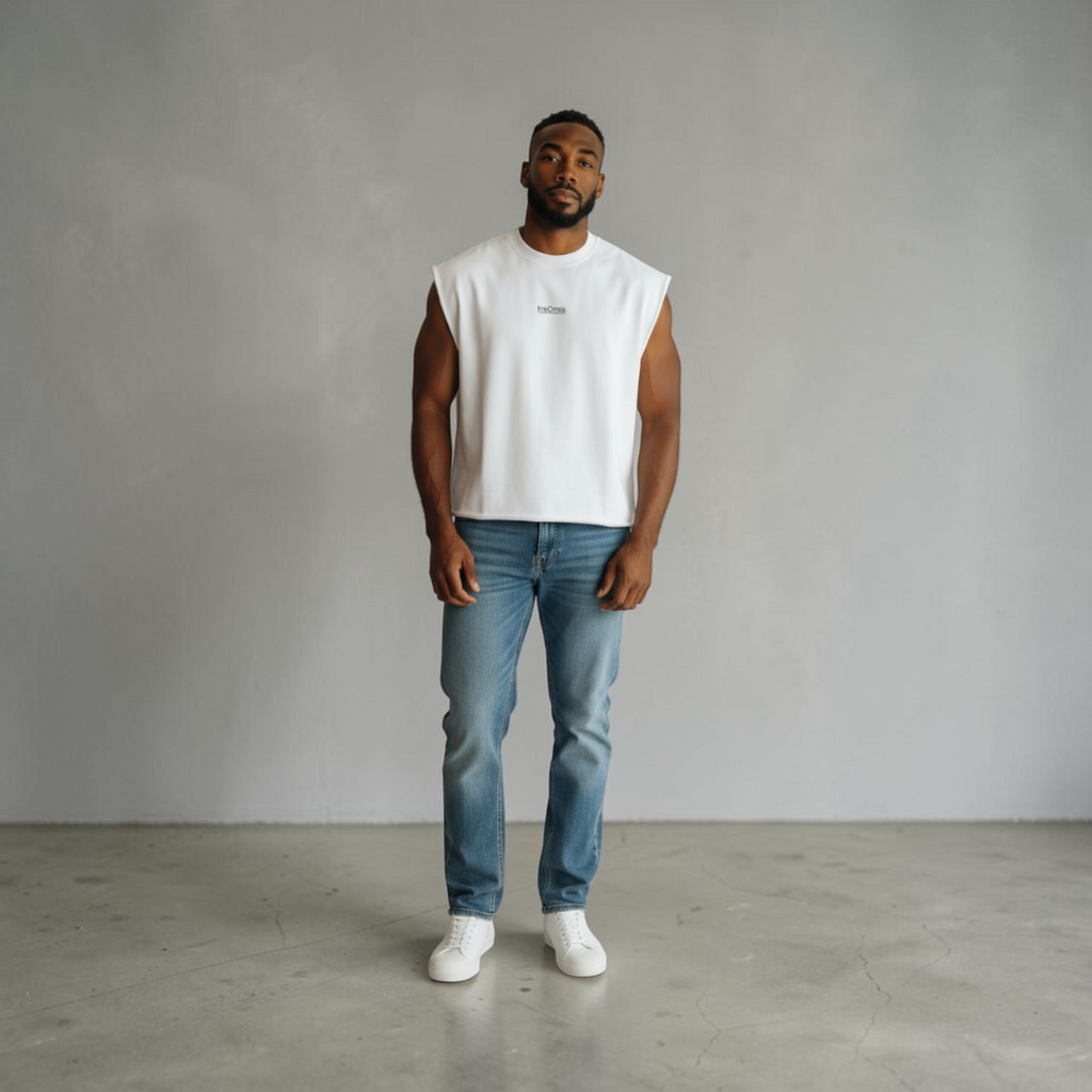 Man wearing a white sleeveless shirt and blue jeans standing against a gray wall.
