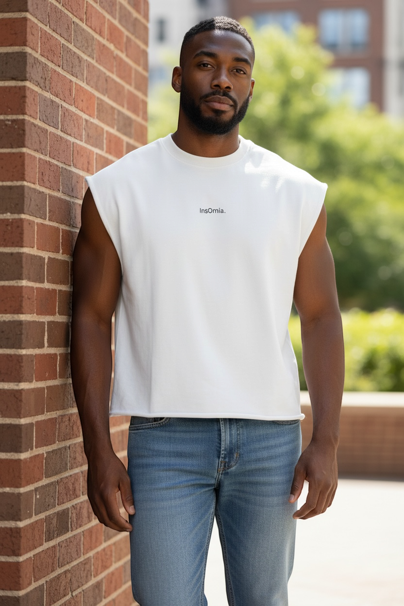 Man wearing a white sleeveless shirt Raw Cut and blue jeans leaning against a brick wall.