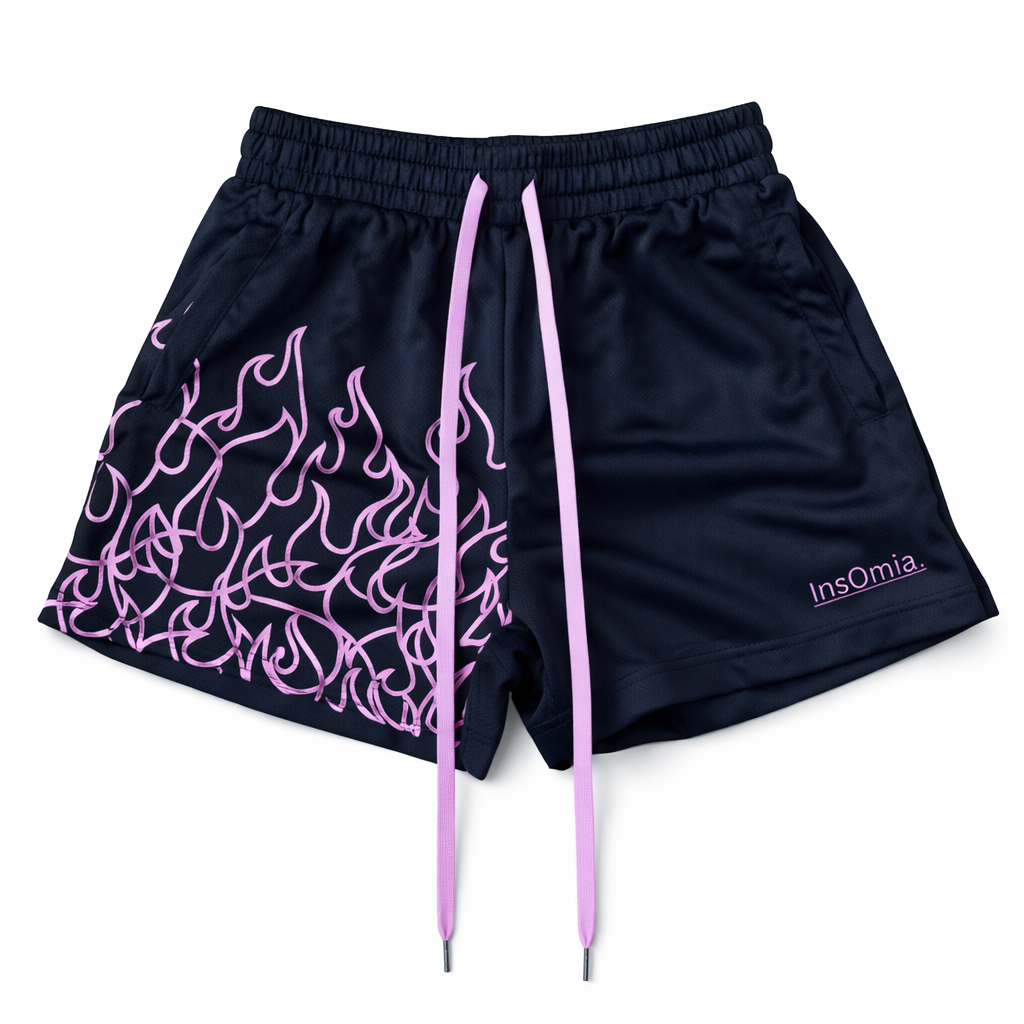 InsOmia black streetwear shorts pink flame print front view