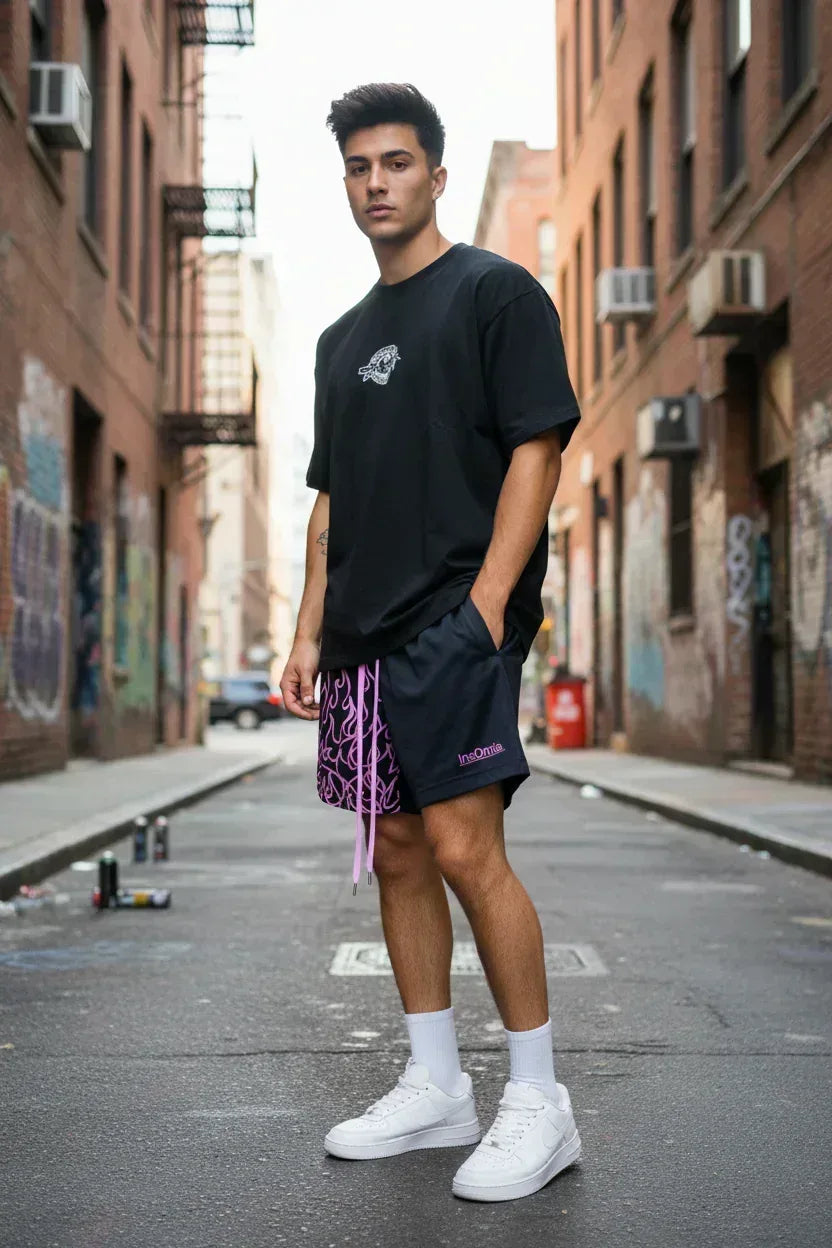 InsOmia collection, Purple Flame Mesh Shorts - InsOmia