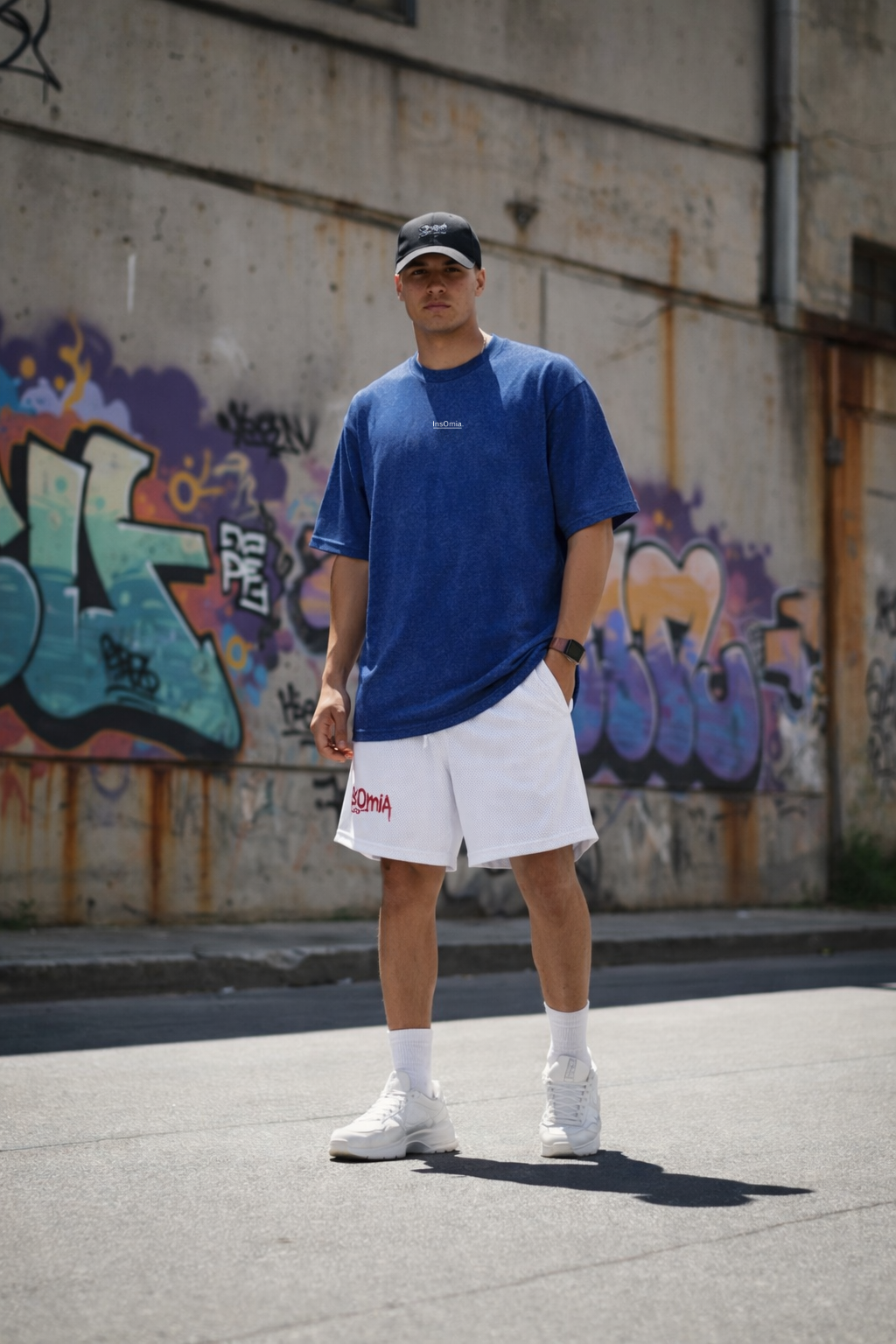 Model wearing a blue InsOmia streetwear t-shirt with white shorts and sneakers in an urban graffiti setting.