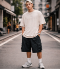 Men wearing InsOmia washed off-white oversized t-shirt with streetwear style on a city street