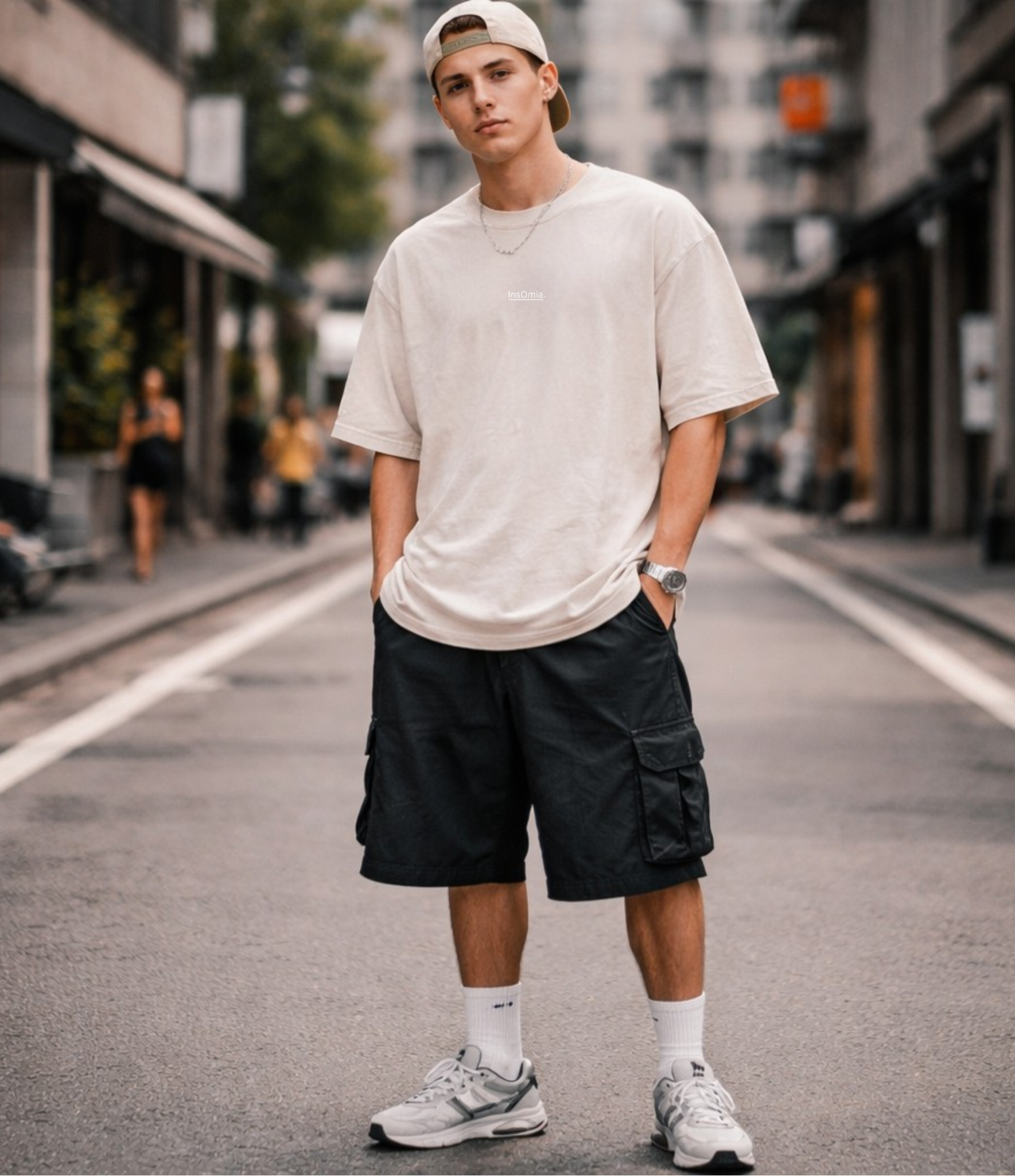 Men wearing InsOmia washed off-white oversized t-shirt with streetwear style on a city street