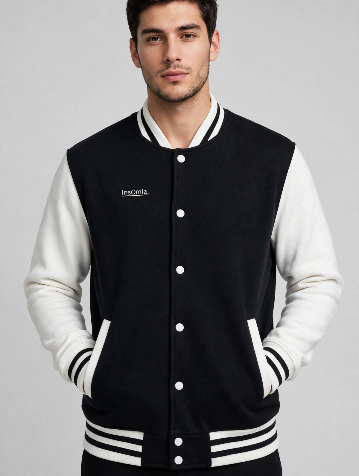 InsOmia Varsity Jacket - Black Body with White Sleeves - Front