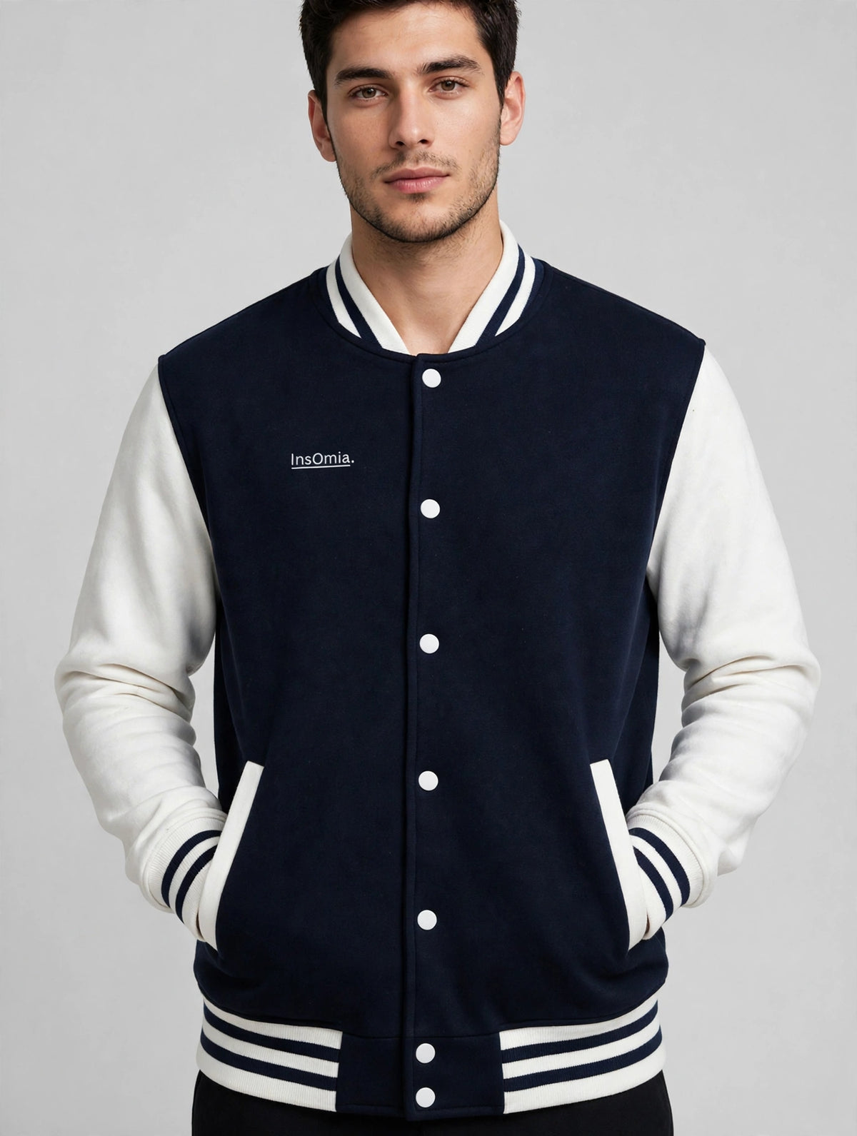 InsOmia Varsity Jacket - Navy with White Sleeves - Front